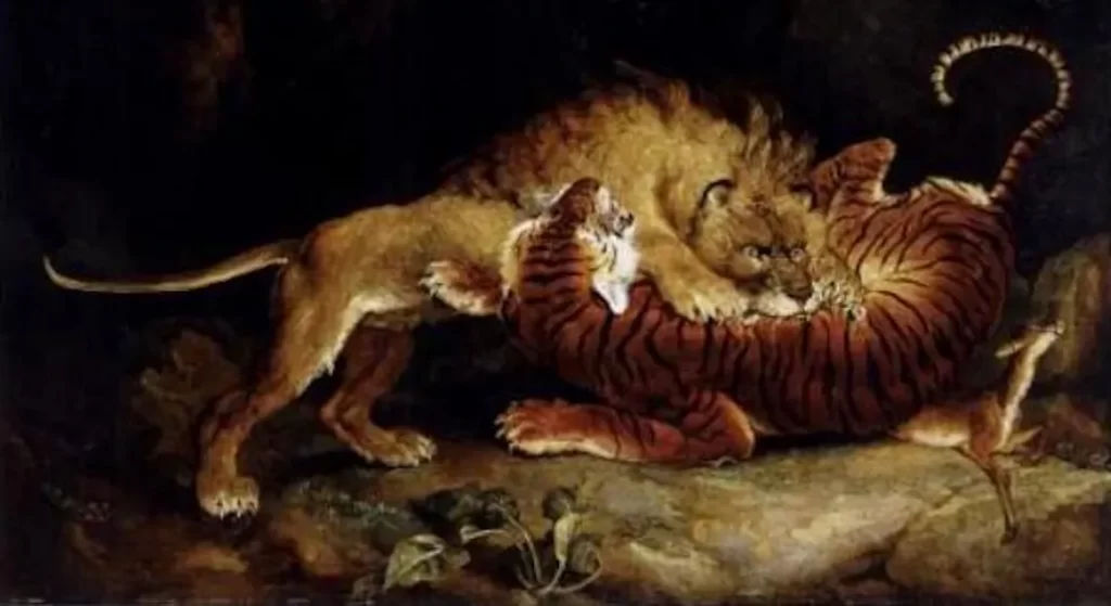 pintura del siglo XVIII sobre los leones y tigres